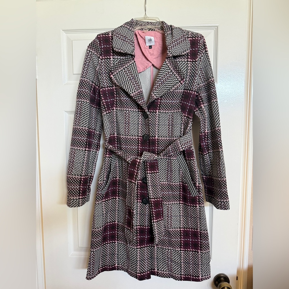 CABI Sovereign belted coat in a purple, pink, and black plaid pattern Sz S